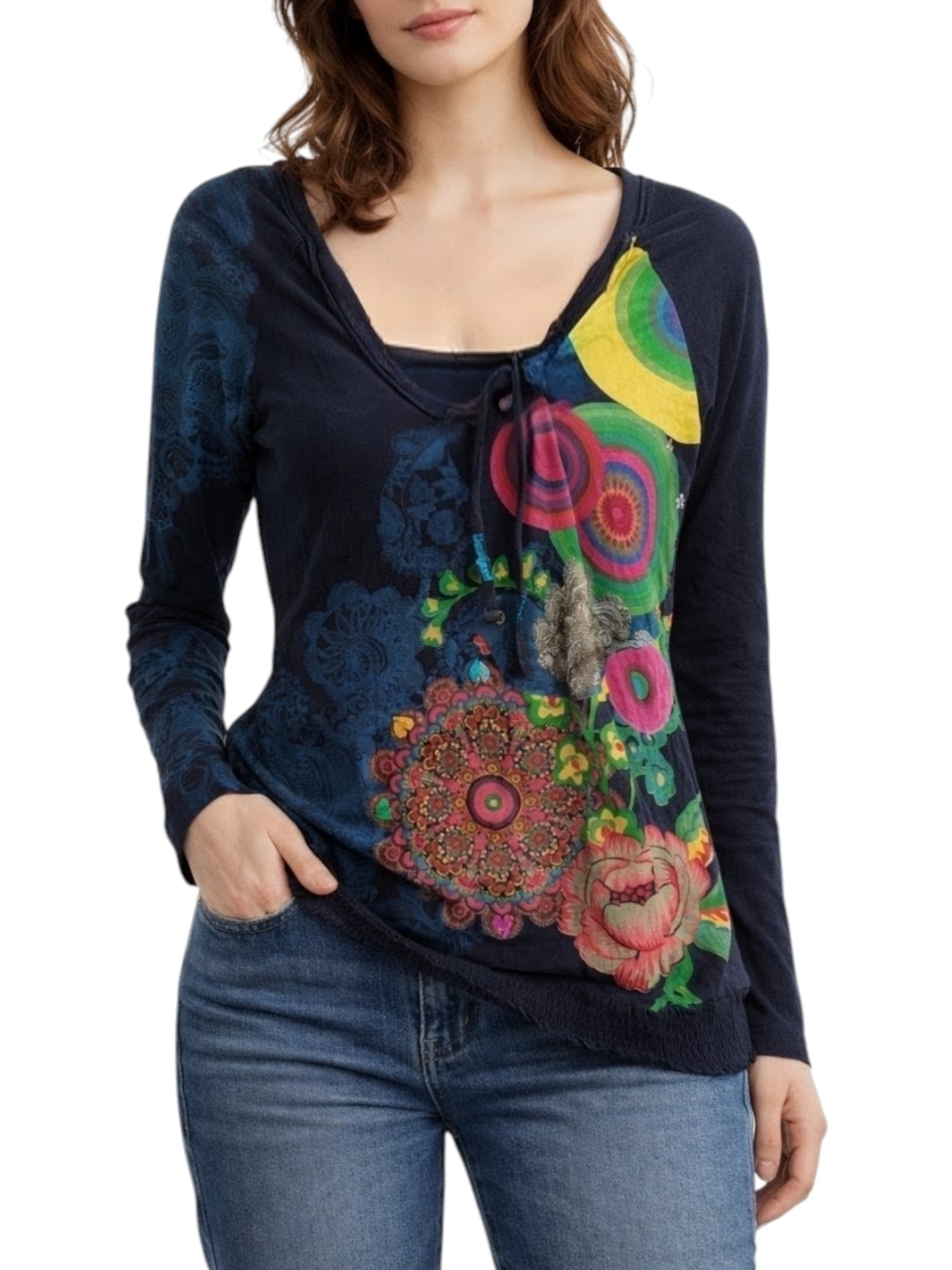 Desigual Navy Long-Sleeve V-Neck Top with Multicolor Floral Mandala Print
